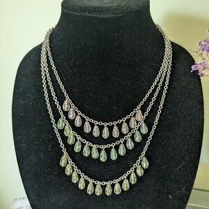 Elegant Multi-Layered Silver Necklace with Green Accents